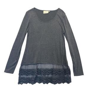 Womens Lace Hem Tunic Top Gray Long Sleeve Boho Layered Winter Lennon Size L